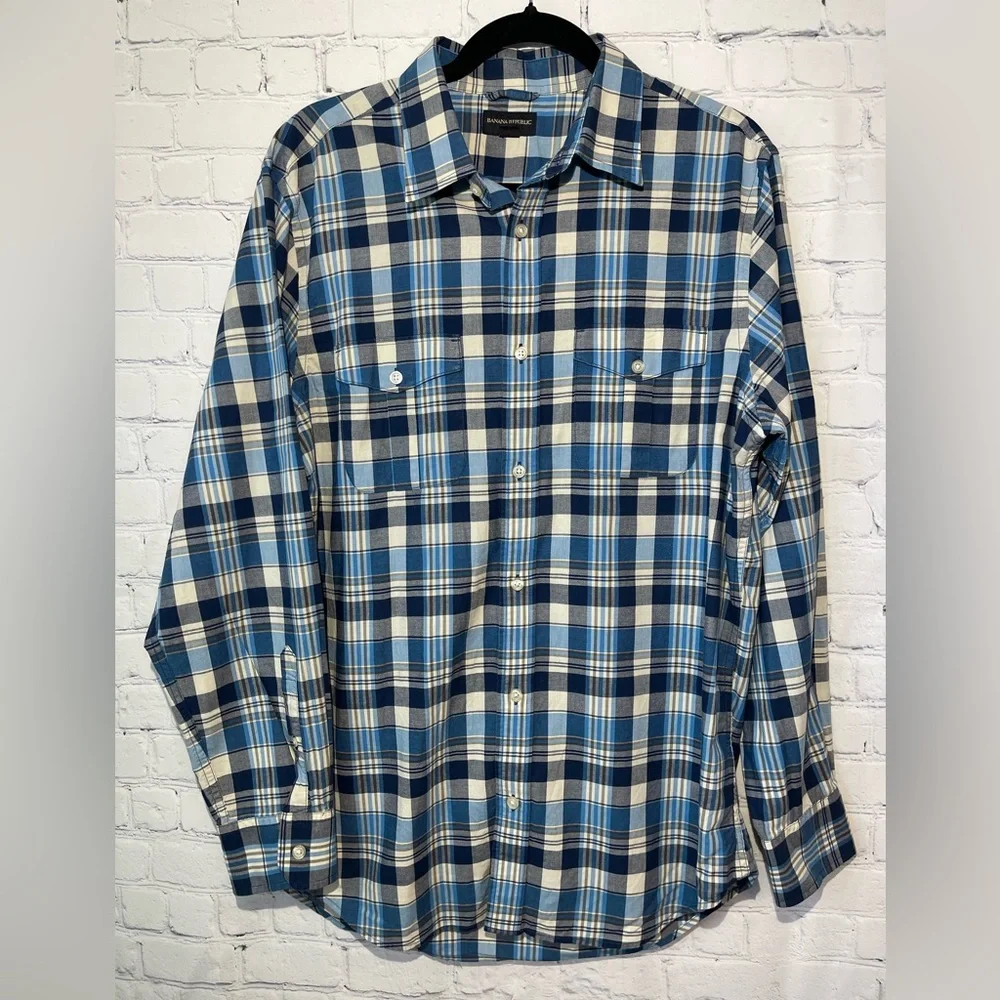 Banana Republic size large blue, charcoal & ivory plaid